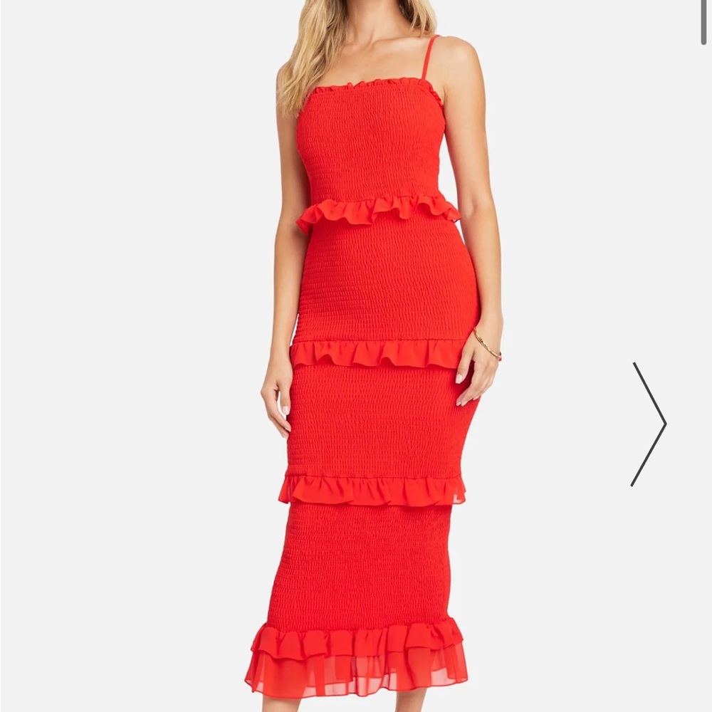 NWT Bebe Georgette Smocked Red Dress Tiered Midi XS